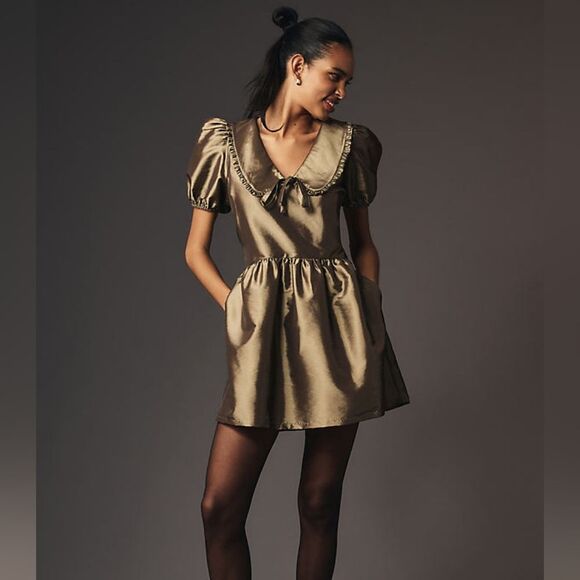 Porridge Anthropologie Bronze Peter Pan Collared Babydoll Dress Size Large - Picture 1 of 9
